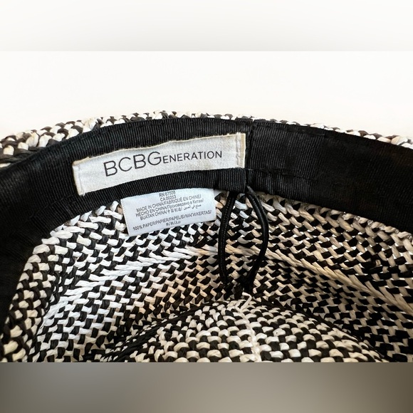 BCBG Generation black & white woven 100% Paper floppy Sun hat grey ribbon OS - Picture 9 of 10